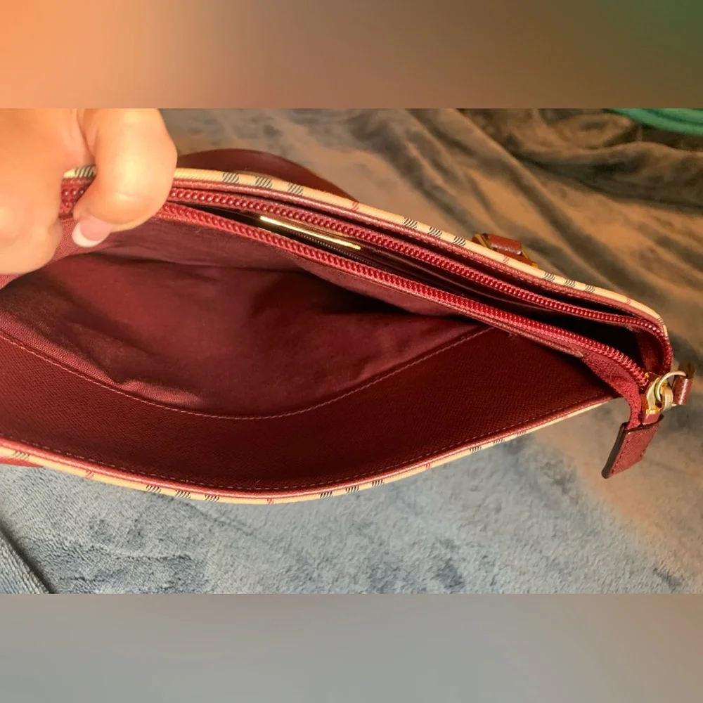 Burberry Beige Check Tote with Burgundy Trim